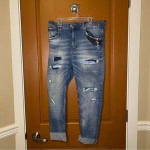 ZARA Contrast Skinny Rips Paint Mens Denim Stretch Jeans Lt Blu 31